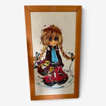 Vintage Schilderij "Grote Ogen" Meisje met Bloemen 41x23cm